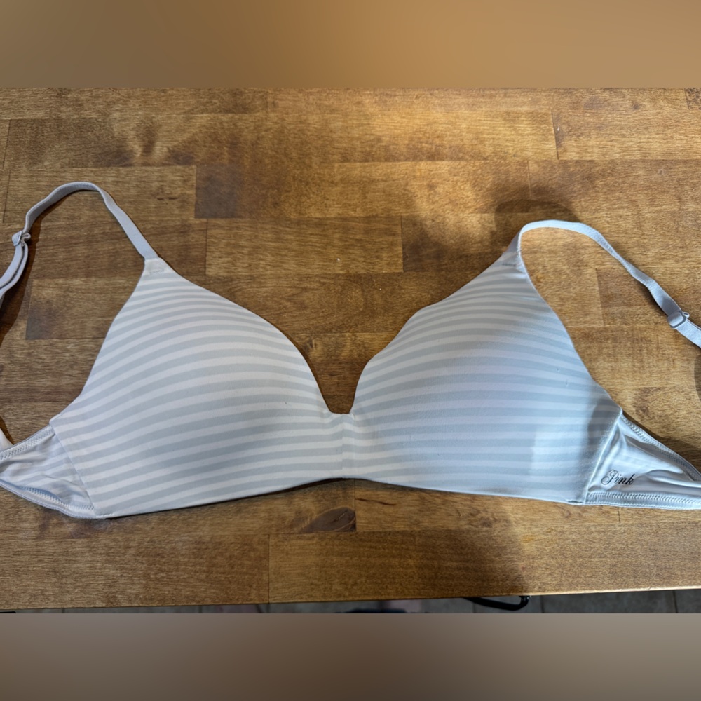 PINK Victoria's Secret Gray and White Striped where everywhere push up Bra